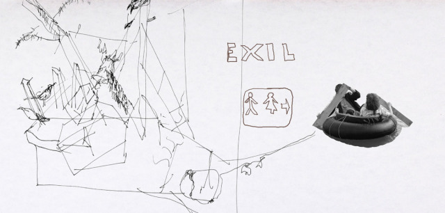 I. Sketch: David Altmejd installation & Adel Abdessemed's Exil. Photograph: Gelatin's raft-piracy 