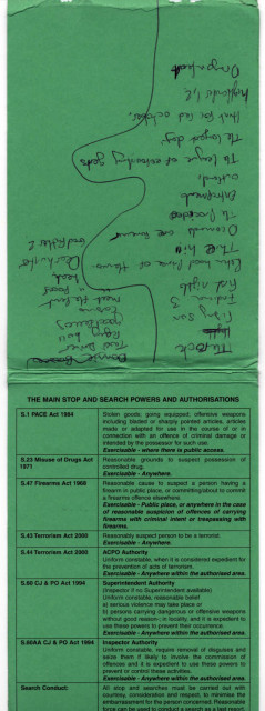 Stop and search sheet found at Climate Camp 2007