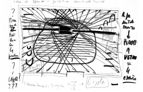 Diagram by Nono for the position of the audience, lighting and orchestral groups for the first performance of Prometeo (Image: Fondazione Archivo Luigi Nono Onlus)